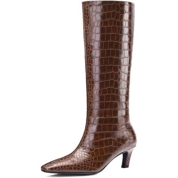 Shoes - Women’s Brown Knee High Boots Square Toe Kitten Heel Wide Calf Synthetic Leather